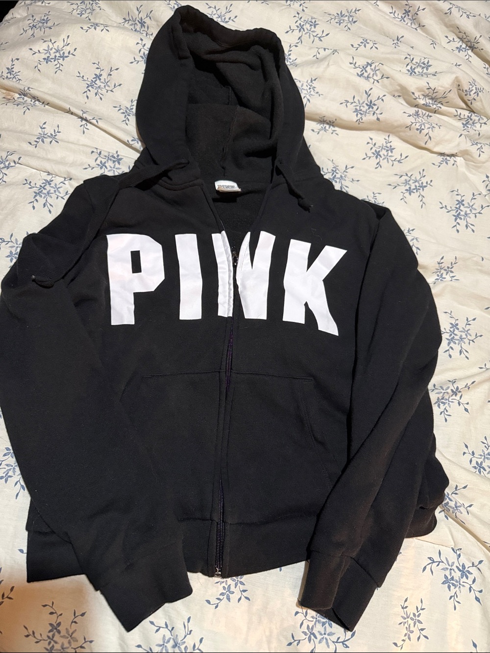 PINK Victoria's Secret Black Zip-Up Hoodie with White Logo